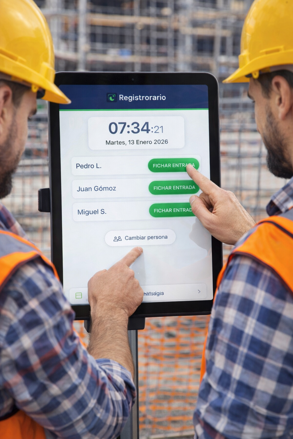 Equipo de construcción trabajando en obra (casco, chaleco y herramientas)