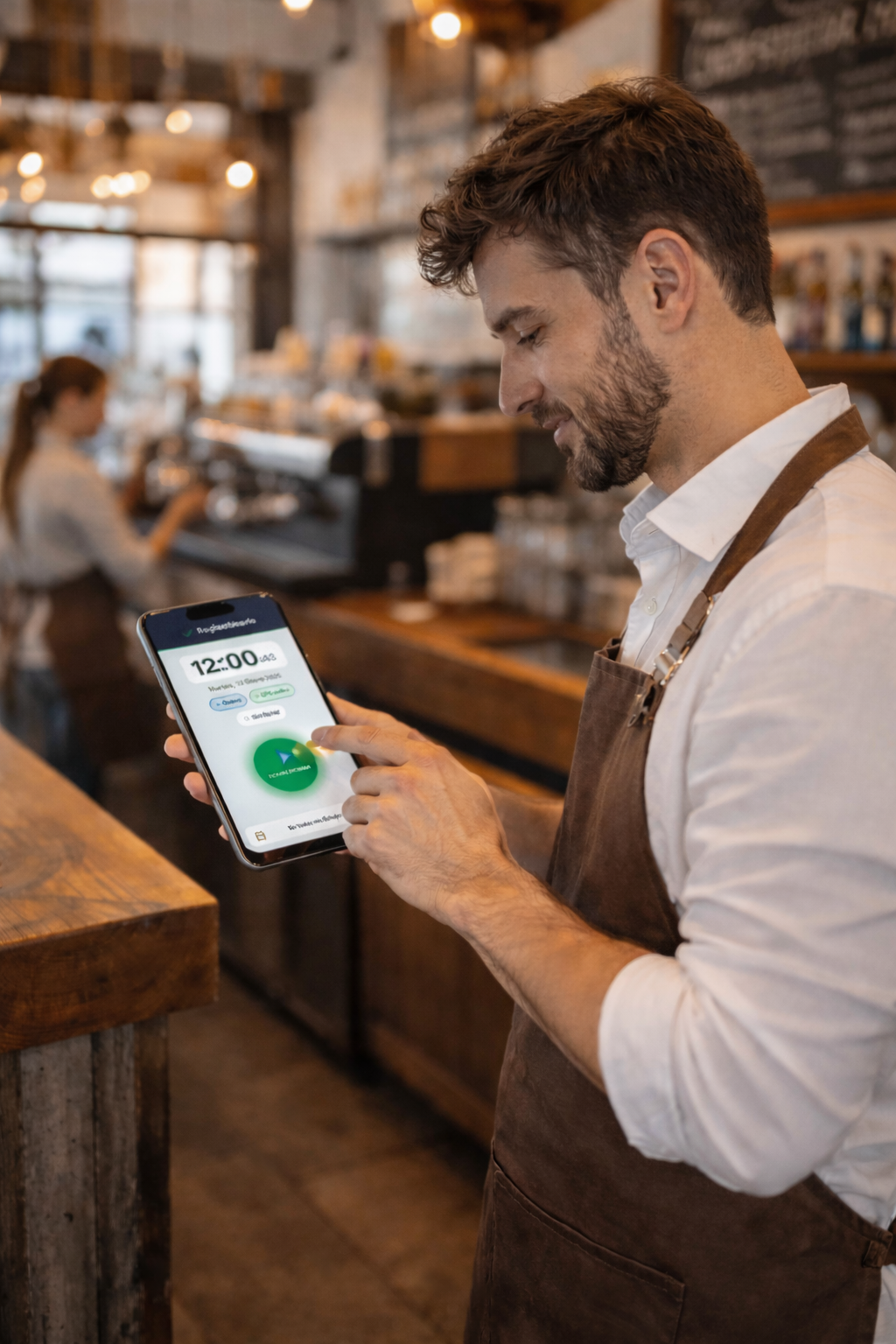 Camarero de bar fichando registro horario en tablet - Control de jornada digital en hostelería con REGISTRORARIO